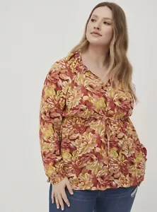 TORRID FALL ORANGE FLORAL RAYON CREPE TIE WAIST PEASANT TOP NWT 1X - Picture 1 of 2