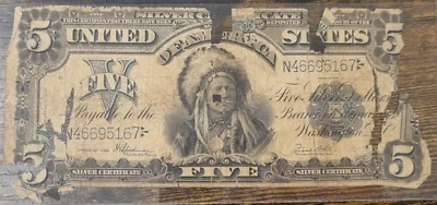 1899 Five Dollar Silver Certificate $5 Large Size INDIAN CHIEF NOTE +RARE #91347 - Image 1 of 2