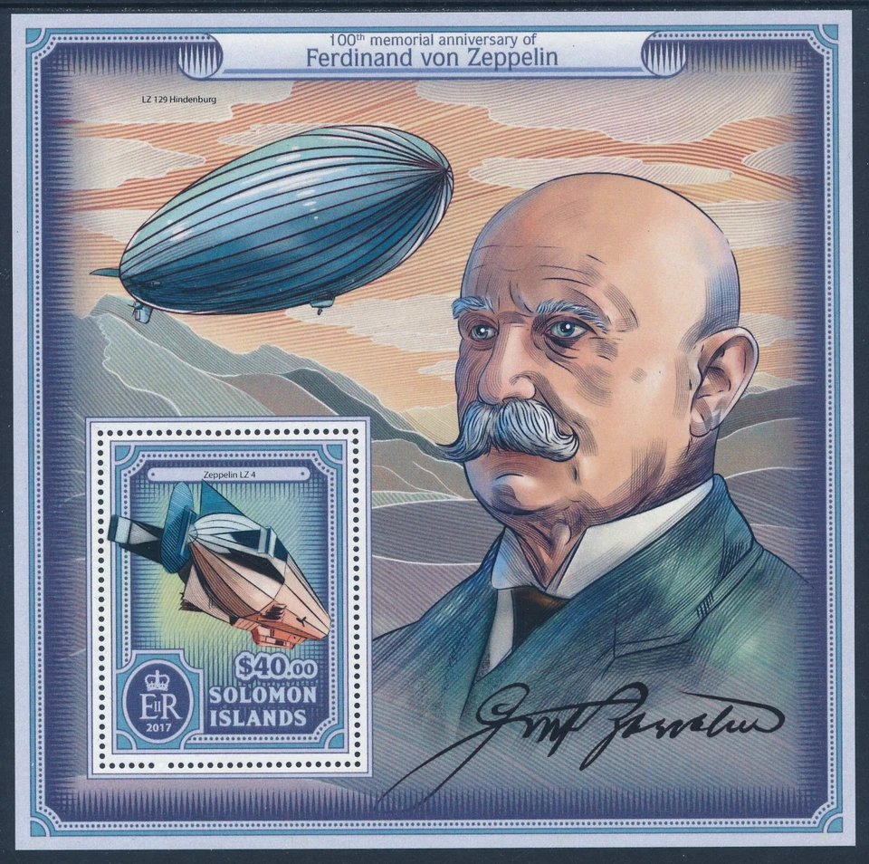 2017 SOLOMON ISLANDS FERDINAND VON ZEPPELIN MINI SHEET ($40) FINE MINT MNH Foto 1 de 1