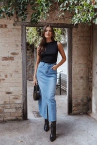 Women's Casual Mid Rise Front Split Stretchy Denim Long Length Skirt. - Picture 1 of 17