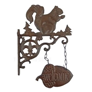 Squirrel with Acorn Scrolls Welcome Hanging Porch Sign Fleur De Lis Rustic Brown - Picture 1 of 4