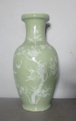 Very Fine 14" SIGNED QING DYNASTY Celadon & Enameled CHINESE Art Pottery Vase - Image 1 of 4
