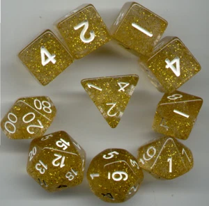 RPG Dice 10pc - Glitter Yellow - 1 @ D4 D8 D10 D12 D20 D00-10 & 4 D6 - Picture 1 of 1