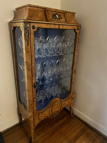 French Burled Olivewood Vitrine with Bronze Accent pieces & Hand-painted Cameo Cover