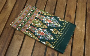 Green Golden Cotton Fabric Printed in Thai ikat style for craft supplies, Sarong - Picture 1 of 7