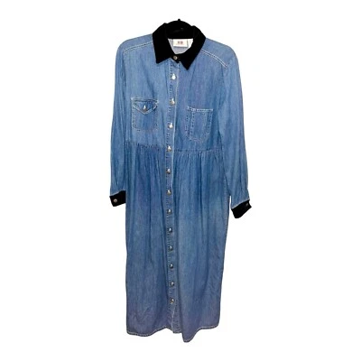 Vintage  100% Cotton Denim Long Sleeve Dress Size 10 Velvet Accents 1990s modest - Image 1 of 4