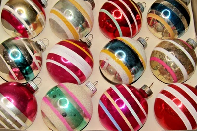 Lot VTG Glass Assorted Striped BALL Mica Christmas Ornaments Shiny Brite Corning - Image 1 of 4