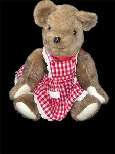 Vintage Large Teddy Bear with Red Checkered Apron Jointed 18” Brown Plush - Picture 1 of 8