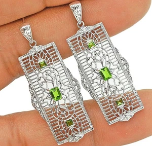 Natural Peridot 925 Solid Sterling Silver Art Nouveau Earrings Jewelry  - Picture 1 of 1