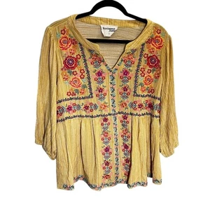 Top boho bordado floral amarillo Savanna Jane para mujer talla grande manga 3/4  - Imagen 1 de 6