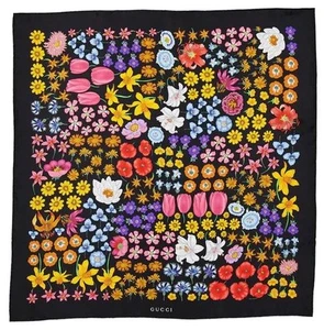 NEW GUCCI BLACK FLORAL PRINT LOGO HERBARIUM 100% TWILL SILK SCARF W/BOX - Picture 1 of 6