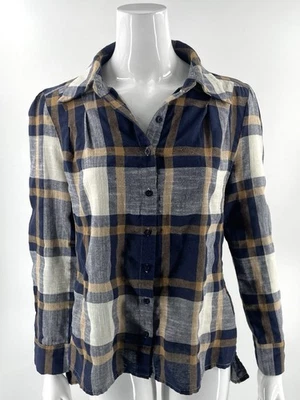 Brickyard Buffalo Plaid Top Sz Large Button Up Navy Blue Tan Ruffle Back Womens - Image 1 of 4
