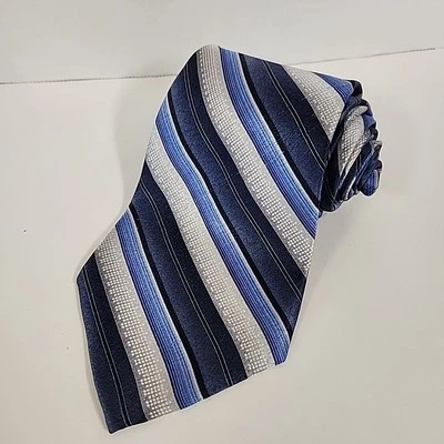 Pierre Cardin Tie - Silk - Diagonal Blue White Black Gray stripes - 59.5"x4" USA - Image 1 of 4