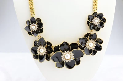 Joan Rivers Black Enamel Flower NECKLACE Faux Pearls & Crystals Gold Chunky Bold - Image 1 of 4