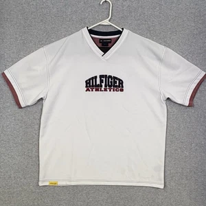 VTG 90s Tommy Hilfiger Athletics V- neck Shirt Jersey Spellout White XL - Picture 1 of 8
