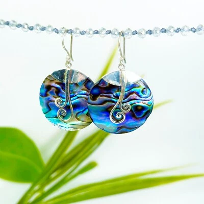 Round Abalone Paua Shell Handmade 925 Sterling Silver Earring NEW DESIGN! - Image 1 of 4