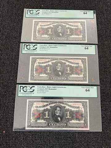 ⭐️THREE CONSECUTIVE⭐️ 1917 Costa Rica 1 Colon - PCGS Choice Uncirculated 64 C2C Cover