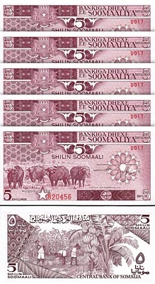 Somalia 5 Shillings 1987, UNC, 5 Pcs LOT, Consecutive, P-31c, Buffalo - Image 1 of 4