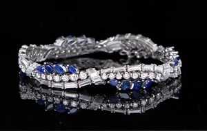 $25,500 Vintage 18k White Gold Baguette Diamond Marquise Blue Sapphire Bracelet - Picture 1 of 8