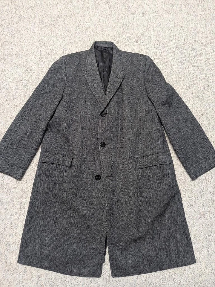 vintage 1950s union USA made TWEED herringbone 48L gray OVERCOAT wool charcoal - Image 1 of 4