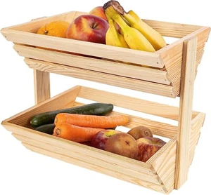 Creative Home Fruit Basket Wood with 2 Storey Oiled Wood 36 x 28 x 30 cm Fruit Bowl - Picture 1 of 9