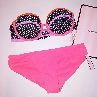 Victoria Secret Swim Bikini 32C Top XS Bottom Black Dots Orange Bandeau New Foto 1 de 3