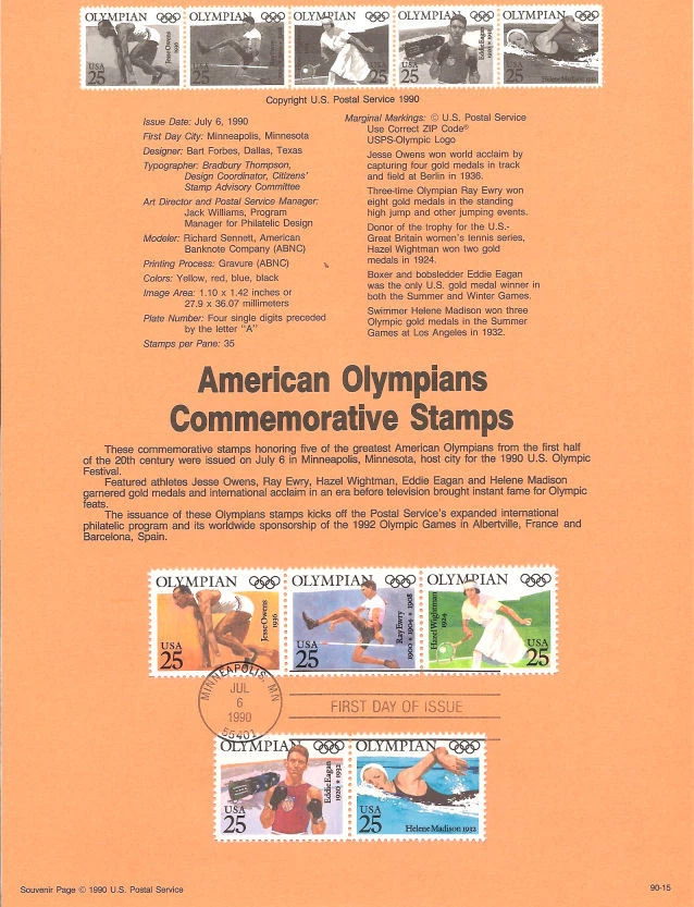 #9015 25c American Olympians Stamps #2496-2500 USPS Souvenir Page - Image 1 of 1