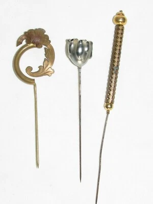 07F19 LOT DE 3 ANCIENNES ÉPINGLES A CHAPEAUX FIN XIXe BRONZE ET VERRE MODE - Photo 1/3