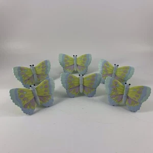 Set Of 6 Vintage Blue, Green & Pink Butterfly/Butterflies Wood Napkin Rings - Picture 1 of 5