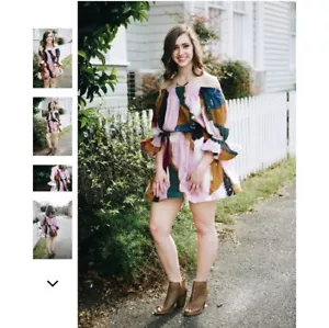 L'atiste by Amy Womens Dress Off shoulder Bell Sleeve Abstract Print Sz S Mini - Picture 1 of 10