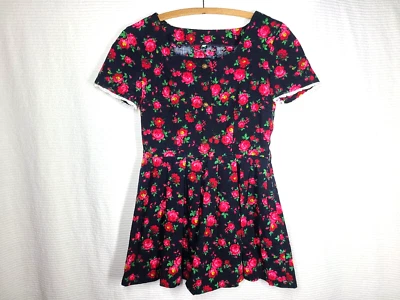 Vtg 70s Black Rose Girls Dress Child 12 Canvas Retro Print Pleated Skirt Lace  - Image 1 of 4