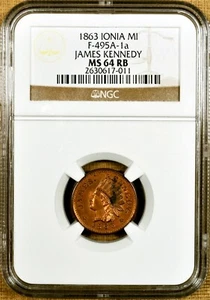 1863 NGC MS64 RB F-495A-1a James Kennedy Ionia MI Civil War Store Card (617-011) - Picture 1 of 2
