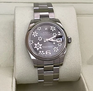 ROLEX LADIES DATEJUST 31MM FLORAL BLACK DIAL SMOOTH BEZEL OYSTER BRACELET 178240 - Picture 1 of 12
