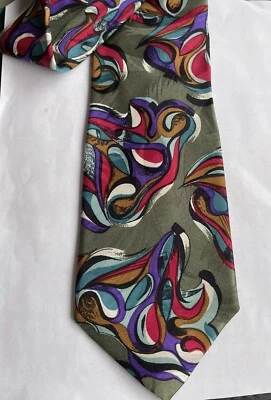 Martin Wong Tie Screenplay Geometric Print Green Red Black Purple - Image 1 of 4