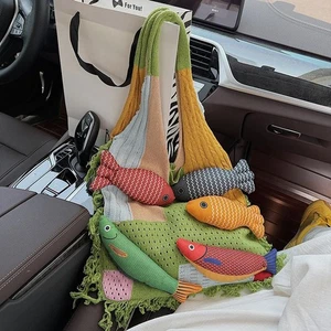 Creative Tassel Knitted Splicing Shoulder Bag Cute Little Fish Tote Bag Handbag - Picture 1 of 16