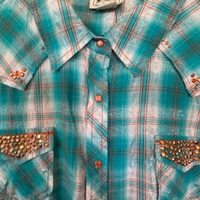 Camisa ocidental feminina Ariat ajustada xadrez turquesa cobre cravejado blusa tamanho XXL - Imagem 1 de 4