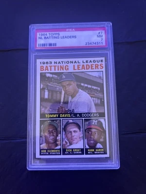 1964 Topps - Líderes de la Liga Roberto Clemente, Hank Aaron, Tommy Davis #7 ¡PSA 7! Foto 1 de 4