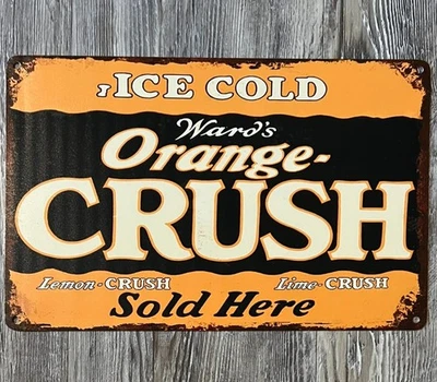 Letrero de metal vintage de novedad Ice Cold Ward's Orange Crush 8 x 12 envuelto en encogimiento Foto 1 de 2