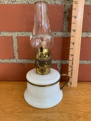 ANTIQUE *NUTMEG* MINIATURE KEROSENE / OIL LAMP BURNER & CHIMNEY - Image 1 of 4