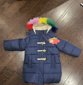 Mini BODEN Navy Blue Rainbow Faux Fur Toggle Puffer Coat Girl Size 4-5 NEW - Picture 1 of 9