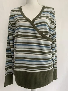 Green Striped Wrap Front Jumper Size L with Button Detail - Picture 1 of 6