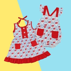 4th of July Patriotic Sibling Clothing Flag Blue Bow Dress Romper - Picture 1 of 3