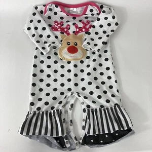 Baby Girls Boutique Black White Polka Dot Reindeer Holiday Romper Outfit 3-6mo - Picture 1 of 9