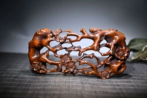 Portapenne 5,5" collezione cinese legno di bosso intaglio fiori di prugna ramo albero - Foto 1 di 9