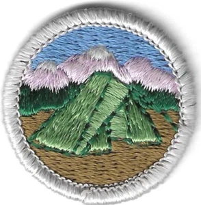 BSA CAMPING 'SILVER' MERIT BADGE CURRENT DESIGN TYPE H PLASTIC BACK #2 PINK MTNS - Picture 1 of 2