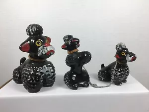 Vintage Redware Poodles 3 Piece Mom and 2 Pups Black Red White w/Chains Japan - Picture 1 of 10