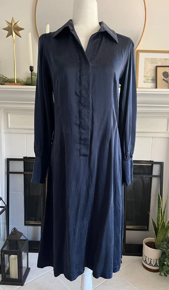 Vestido camisero de seda rosa tartán para mujer talla S mangas largas azul marino clásico Foto 1 de 4