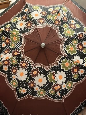 Vintage 70s Groovy Flower Power Rain Umbrella Brown Green Miracle Fold Nylon New - Image 1 of 4