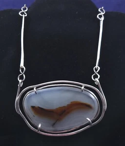 Large Agate Slab Bar Link Chain Sterling Silver Modernist Necklace - Vintage - Picture 1 of 7