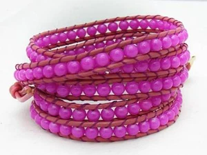 5 Wrap Bracelet all pink 4mm MARBLE beads leather fashion bracelet - Picture 1 of 2